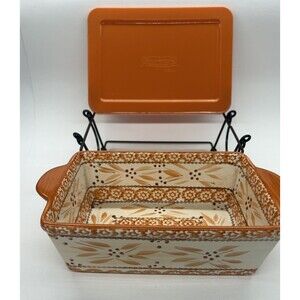 Temptations Ovenware Small Baking Loaf Pan with Lid & Wire Holder Orange 1.5 Qt